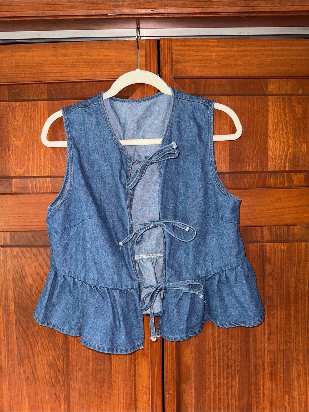 Denim Tie-Front Peplum Vest - Blue